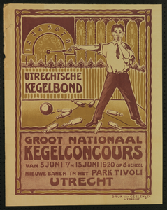 700087 Affiche van het, door de Utrechtse Kegelbond georganiseerd, kegeltoernooi op de nieuwe banen in Park Tivoli te ...